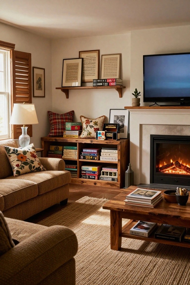 A living room with a brown sofa, wooden bookcase filled with books, wall shelves holding framed art and books, a fireplace, and a coffee table with stacked books.