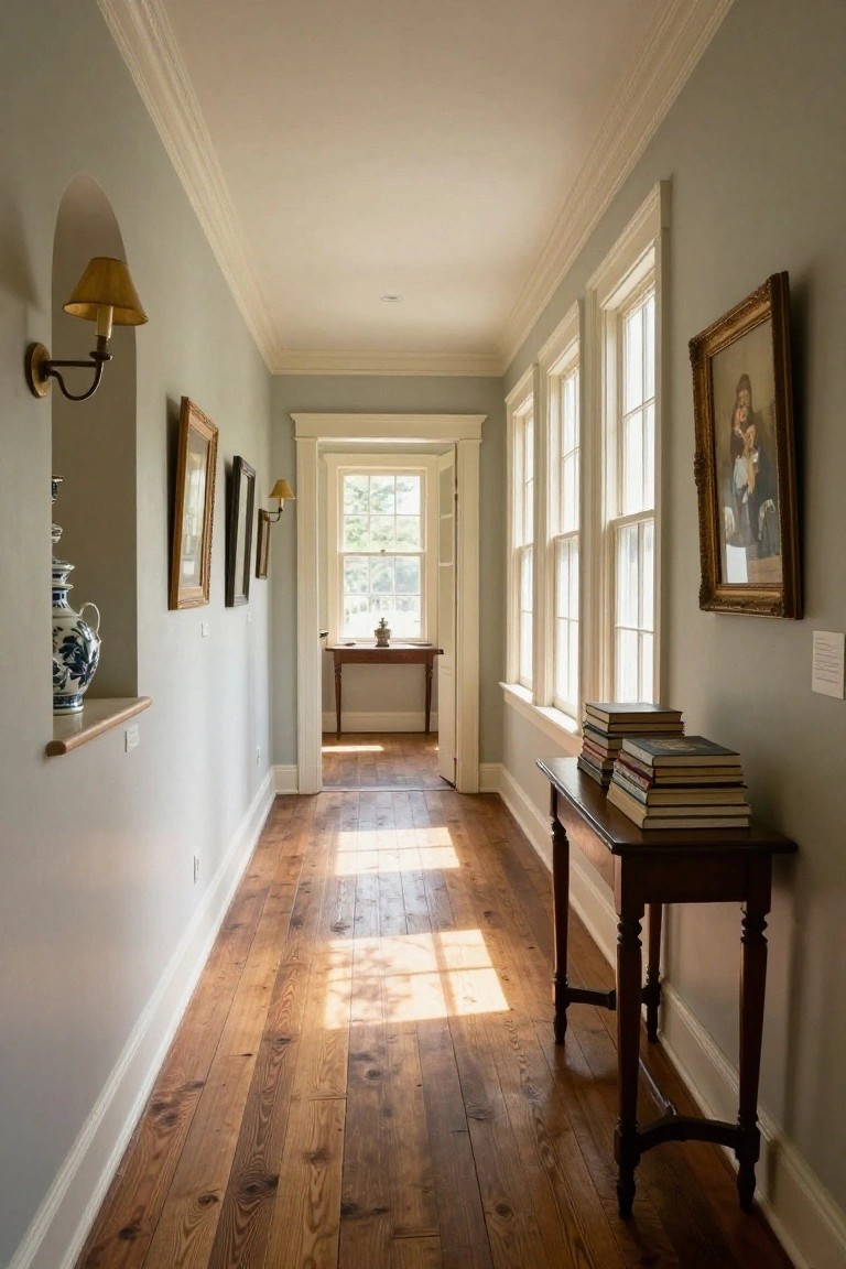 A long interior hallway with wooden floors, light blue walls, windows along one side, a dark wood console table holding stacked books, framed art on the walls, and sunlight on the floor.