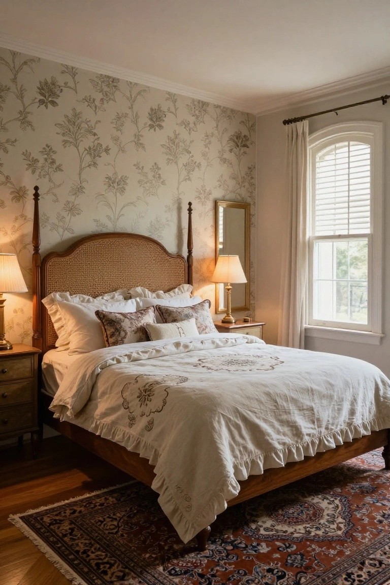 Cozy bedroom with cane headboard bed, white ruffled linens, floral wallpaper, and patterned rug.