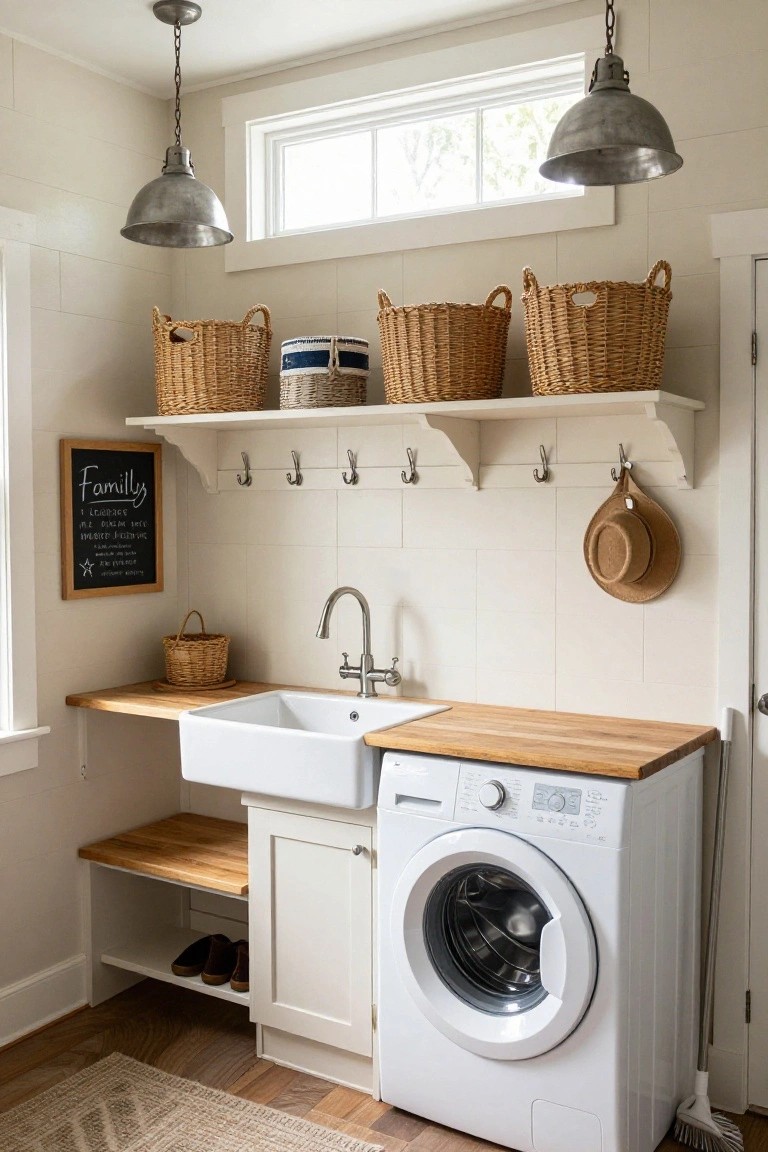 A bright laundry room with white tile walls, a farmhouse sink set into a wooden counter, a front-loading washing machine below the counter, open white shelves holding woven baskets, and metal hooks mounted under the shelf.