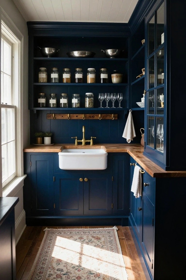 Navy blue kitchen with white farmhouse sink, brass faucet, and open shelves of jars.