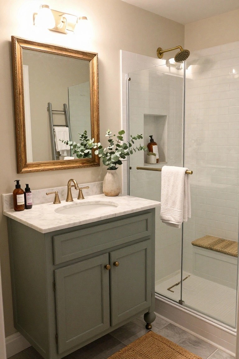 A bathroom with a sage green painted vanity, white marble countertop, gold faucet, and large gold-framed mirror above the sink, beside a glass shower with white tile.