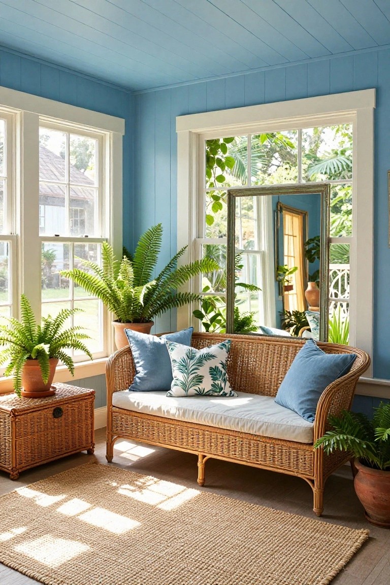A bright sunroom with light blue painted wood walls and ceiling, a wicker sofa with blue cushions and a patterned pillow, several potted ferns, and a woven jute rug.