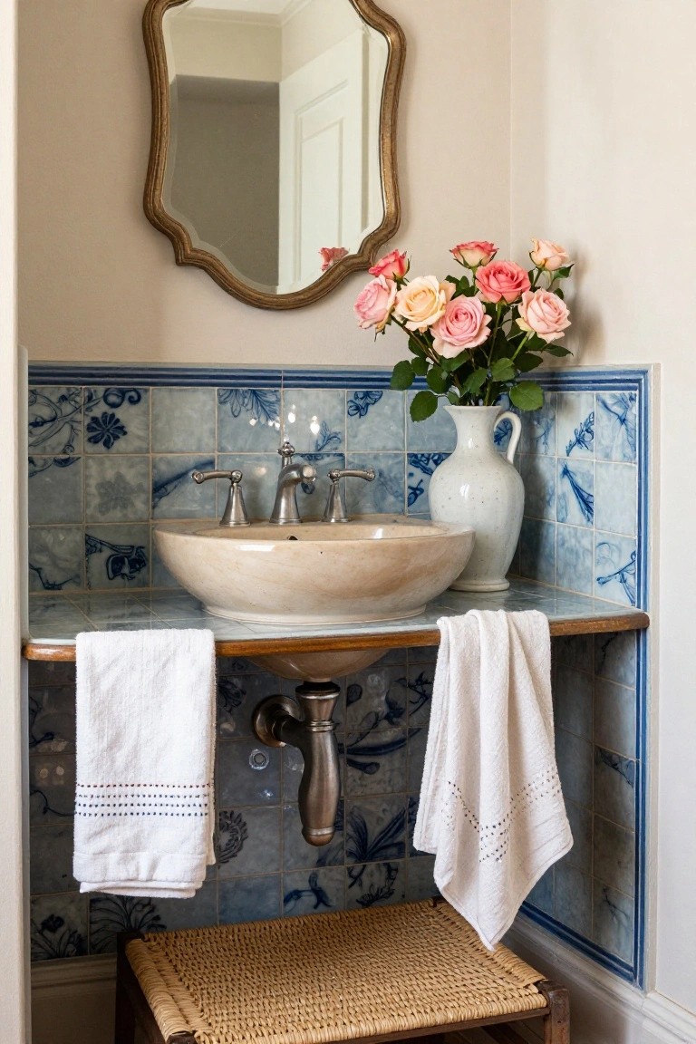A bathroom vanity with a stone sink set into blue patterned tile walls, a wooden counter ledge, two white towels, a metal faucet, and a wicker stool underneath.