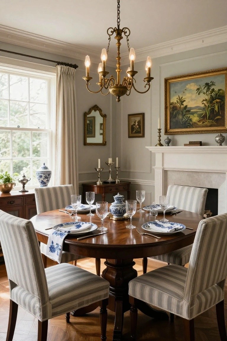 Elegant round dining table set with blue china, striped chairs, and glowing chandelier in classic room