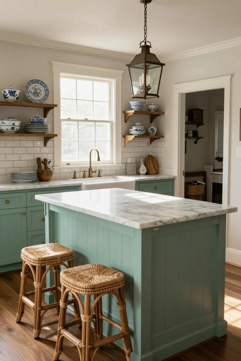 Mint green kitchen island with marble top, rattan stools, and lantern light