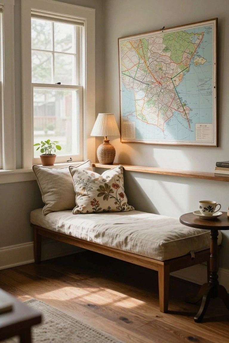 A wooden bench with neutral cushions and two pillows sits under a multi-pane window, next to a wall-mounted map and a small round table holding a teacup.