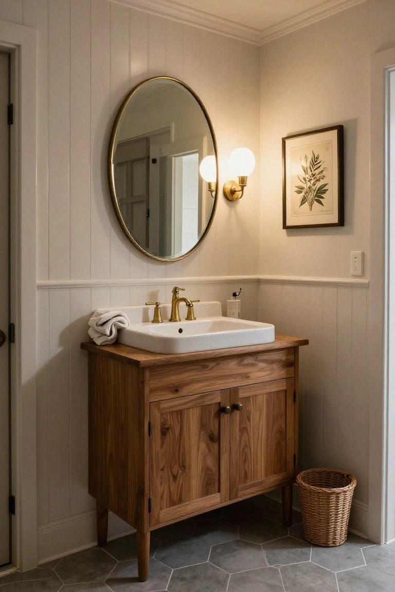 A bathroom with a wooden vanity cabinet holding a white rectangular sink, brass faucet and sconce, round mirror above, white wainscoting on the walls, and gray hexagonal floor tiles.