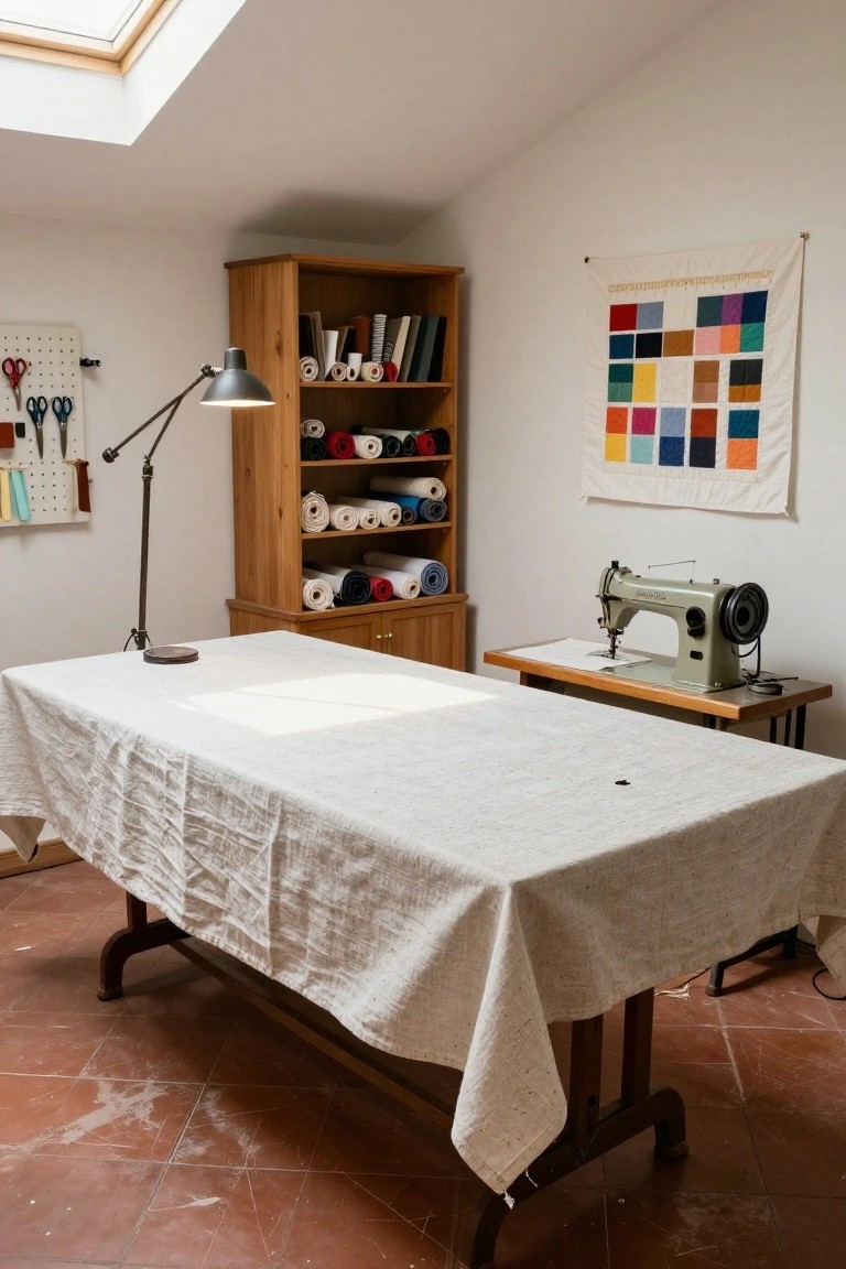 A craft room interior with a large table covered by a white linen cloth, a sewing machine on a smaller table to the right, wooden shelves holding rolled fabric, and a colorful quilt hanging on the wall.