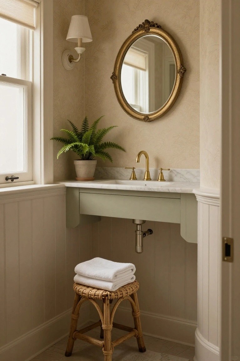 A small bathroom with a sage green floating vanity, white marble countertop, brass faucet, round ornate mirror, wall sconce, potted fern on the counter, and a rattan stool holding folded white towels.