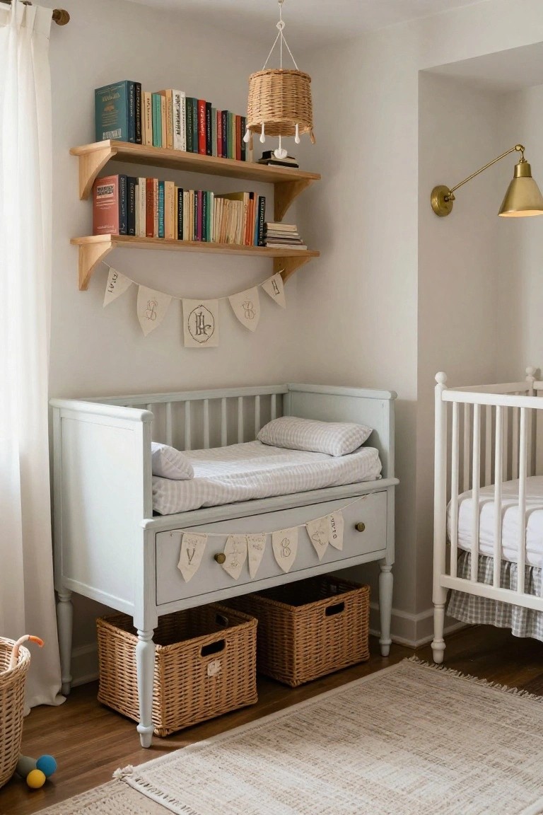 A light blue daybed with a drawer and woven baskets underneath sits below wooden bookshelves in a child's room.