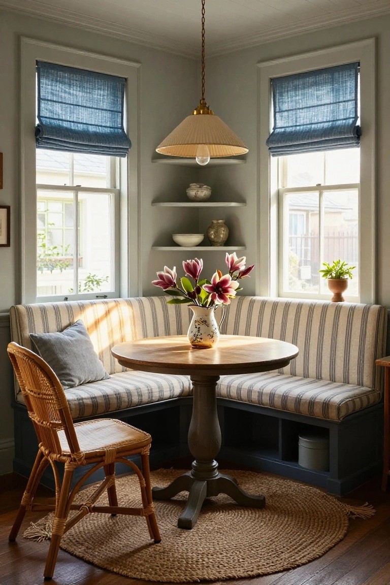 A corner dining nook with a built-in striped banquette, round wooden table, and two windows with blue shades.