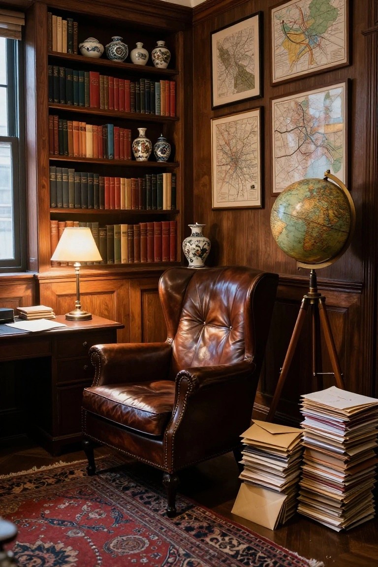 A traditional wood-paneled study with built-in bookshelves filled with books and decorative vases, a brown leather armchair, a globe on a stand, framed maps on the wall, and stacks of papers on the floor.
