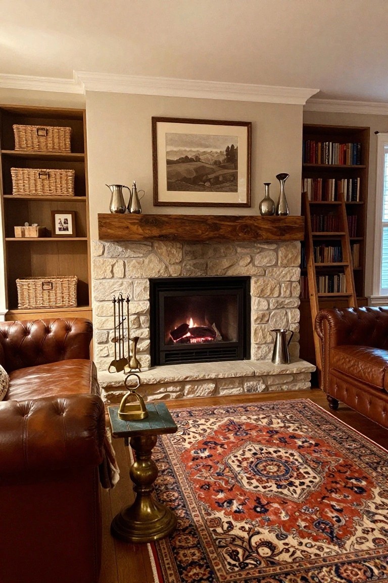 A living room featuring a stone fireplace with a dark wood mantel, built-in wooden bookshelves on both sides holding books and baskets, two brown leather armchairs, and a large patterned area rug.