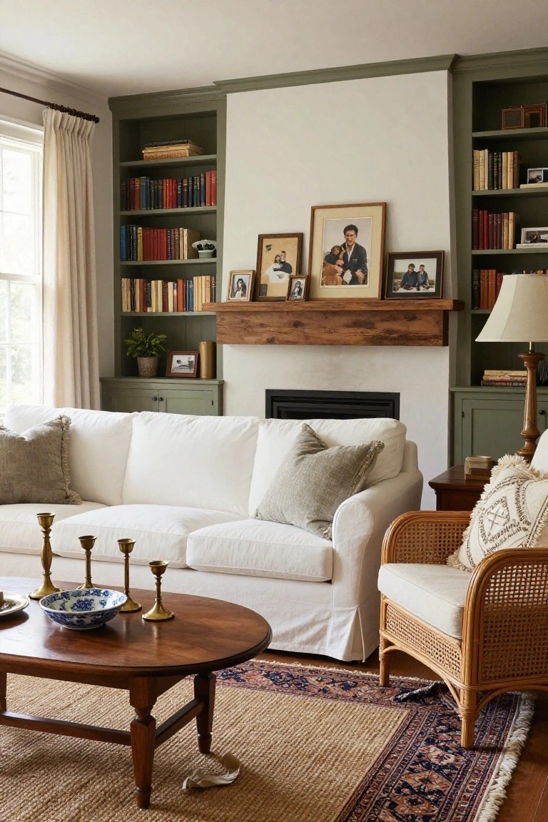 A living room featuring a white sofa, round wooden coffee table, and fireplace flanked by green built-in bookshelves holding books and framed photos on a wooden mantel.