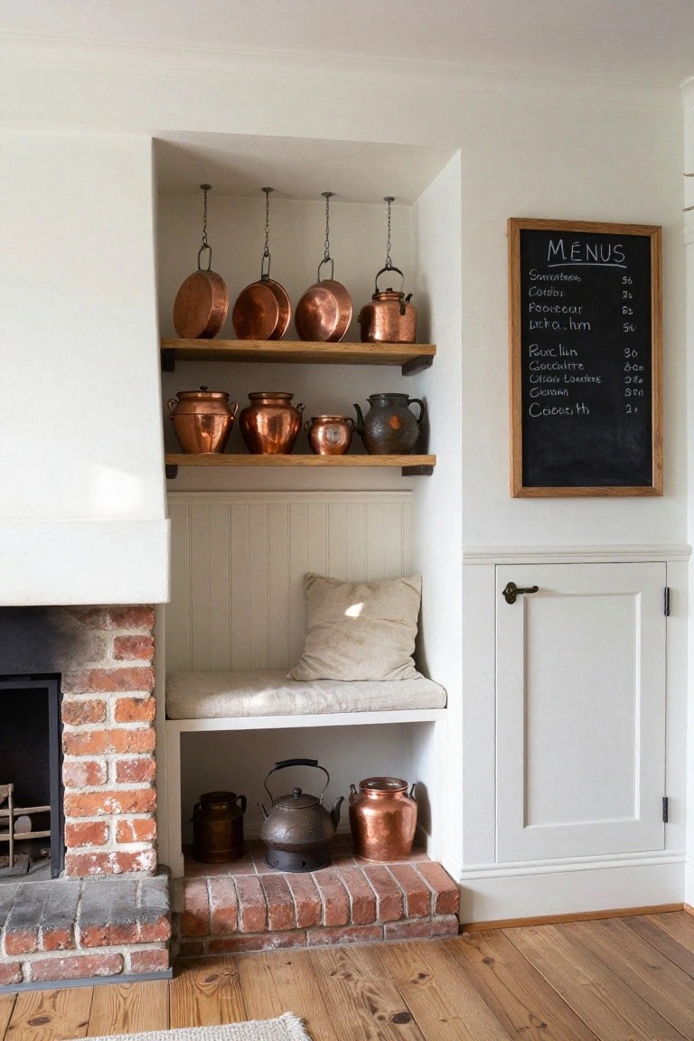 Interior view of a brick fireplace with a recessed alcove containing two wooden shelves holding copper pots and kettles, a cushioned bench with a pillow below them, and a chalkboard menu board on the right wall.