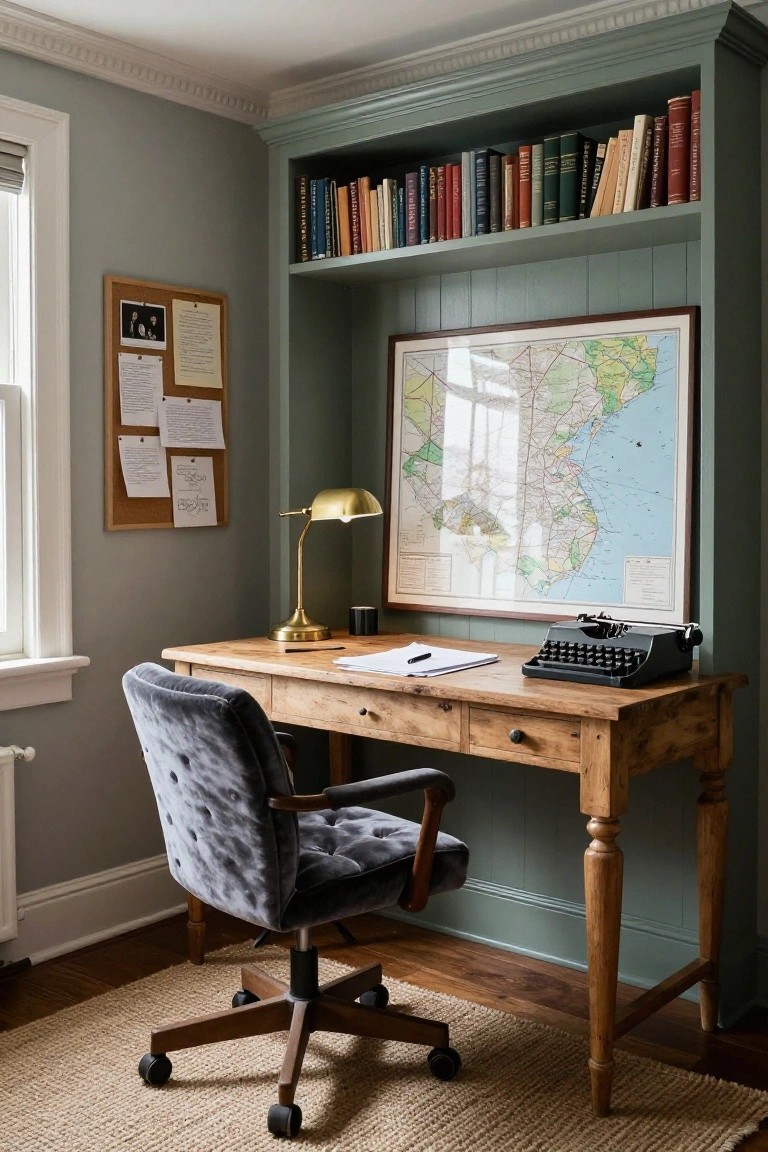 A wooden desk with a gray velvet office chair sits under built-in shelves holding books, next to a large framed map on a green wall.