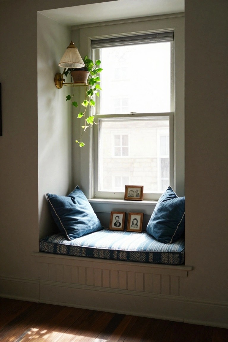 A built-in window seat with blue cushions and pillows under a large window, with a wall sconce holding a potted plant above and framed photos on the sill.