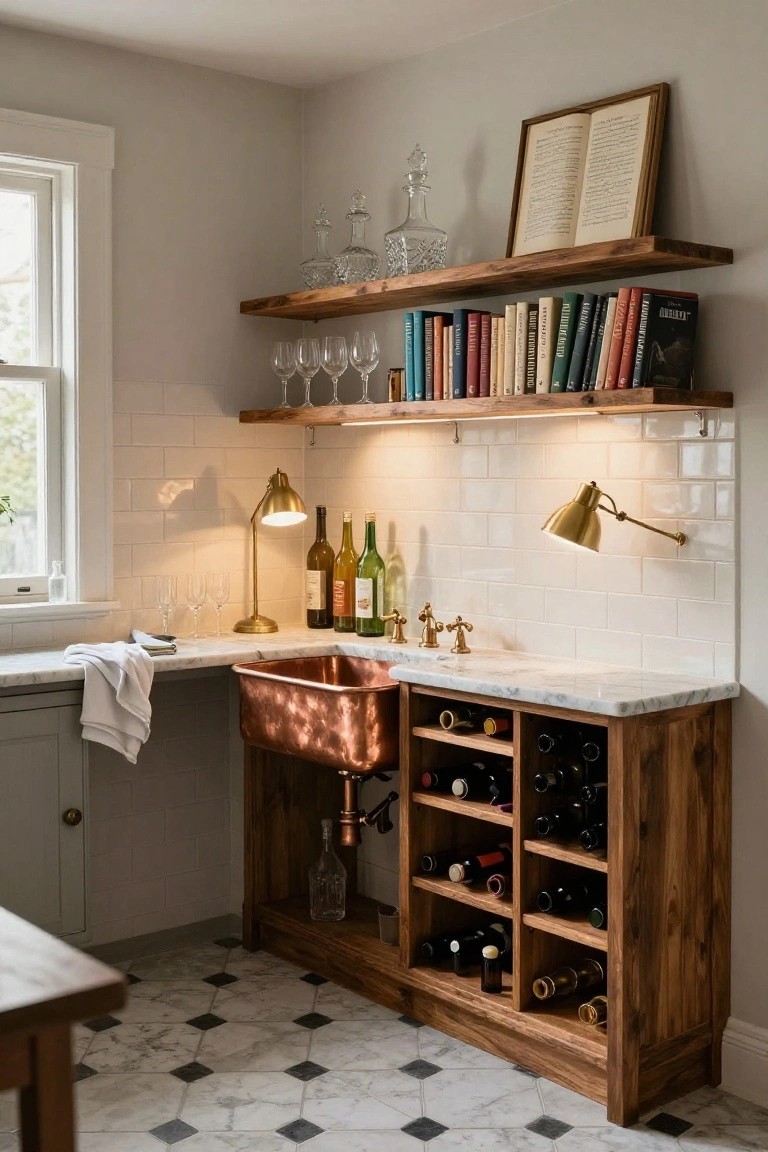 A kitchen corner with a copper sink, marble counter, wooden floating shelves holding books and glassware, and lower cabinets with built-in wine bottle racks.
