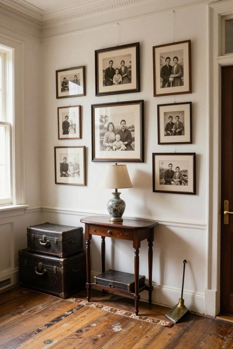 A white interior corner wall covered with multiple black and white family photos in wood frames of varying sizes, with a wooden console table and lamp below and stacked trunks on the floor to the left.