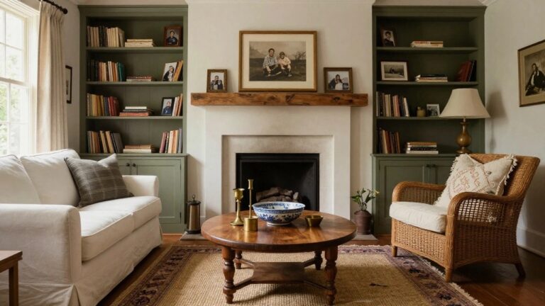 23 Relaxed Southern Traditional Decor Ideas for a Lived-In, Collected Look A living room featuring a white sofa, round wooden coffee table, and fireplace flanked by green built-in bookshelves holding books and framed photos on a wooden mantel.