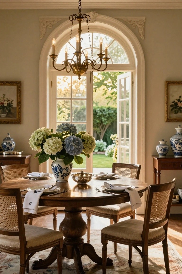 A round wooden dining table set with blue and white porcelain, a floral arrangement, and cane-back chairs sits in a traditional room with open French doors leading to a garden.