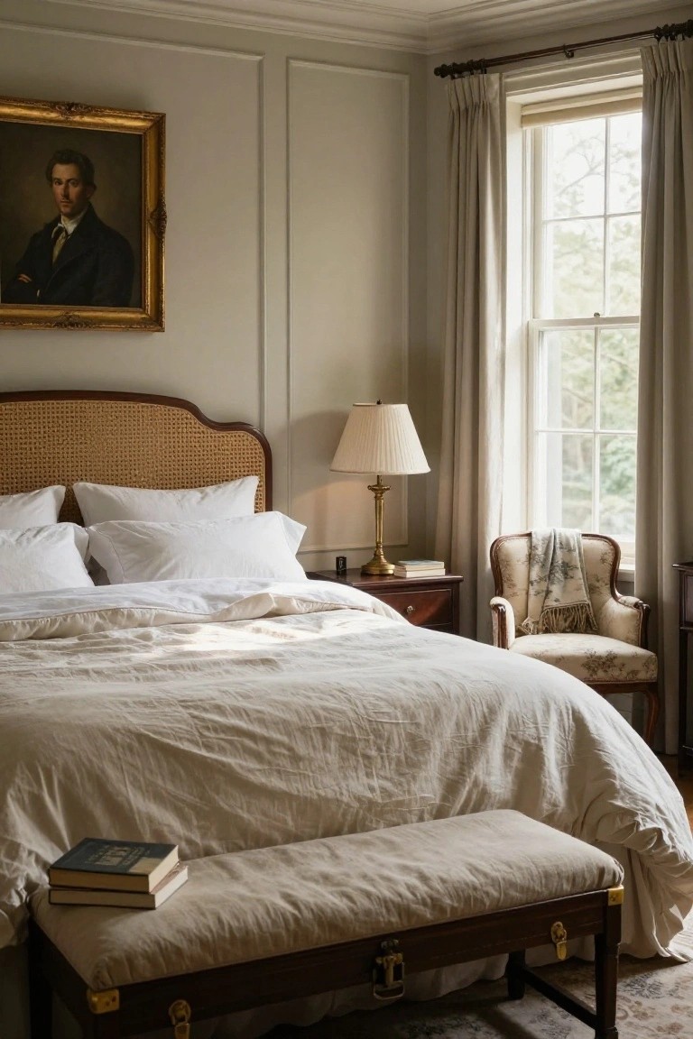 A bedroom featuring a wooden bed with a cane headboard dressed in rumpled white linens, a brass lamp on the nightstand, a floral armchair by the window, and a portrait hanging on the wall.