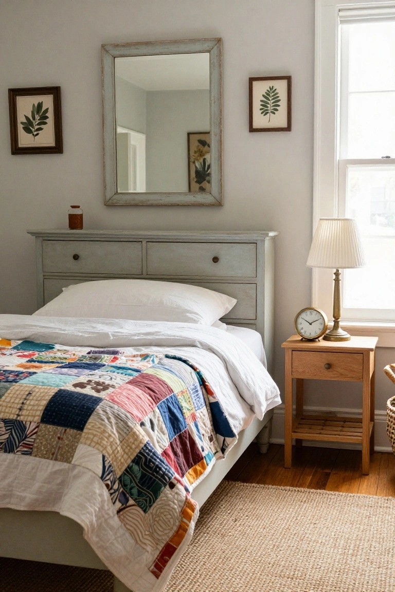 A bedroom featuring a bed with a colorful patchwork quilt over white linens, a gray painted headboard with drawers, a wooden nightstand, and botanical prints on the wall.
