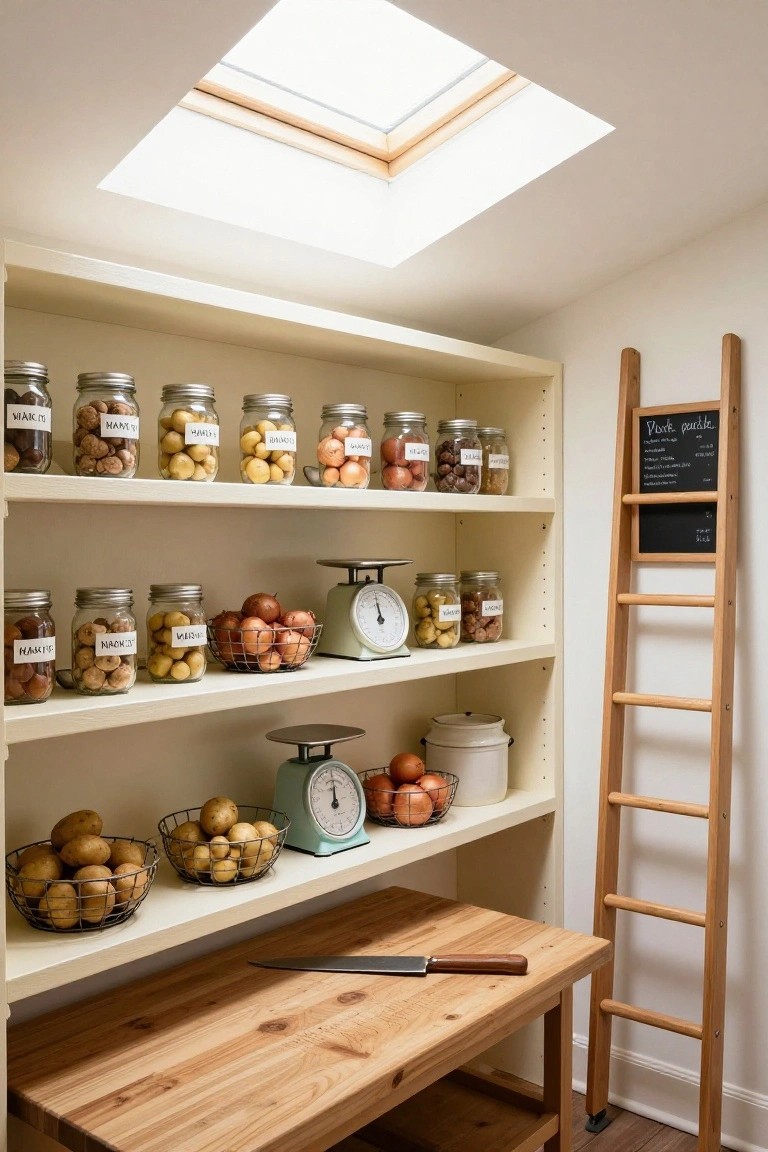 A bright pantry with white open shelves holding glass jars and wire baskets filled with potatoes, two vintage scales, a wooden work table, and a wooden ladder leaning against the wall.