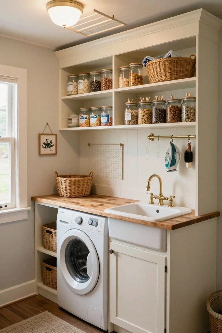 A laundry room featuring white open shelving stocked with glass jars and woven baskets above a white washing machine and farmhouse sink with brass faucet.
