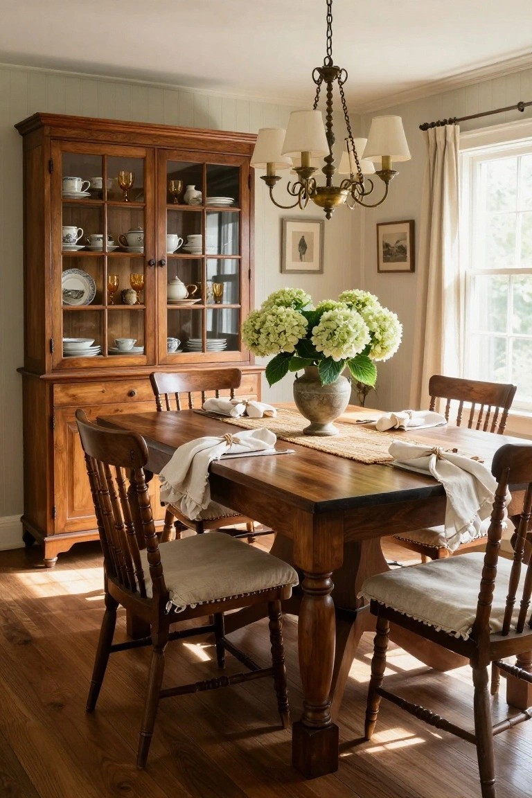A wooden dining table with spindle chairs sits before a tall wooden hutch filled with white dishes and glassware.
