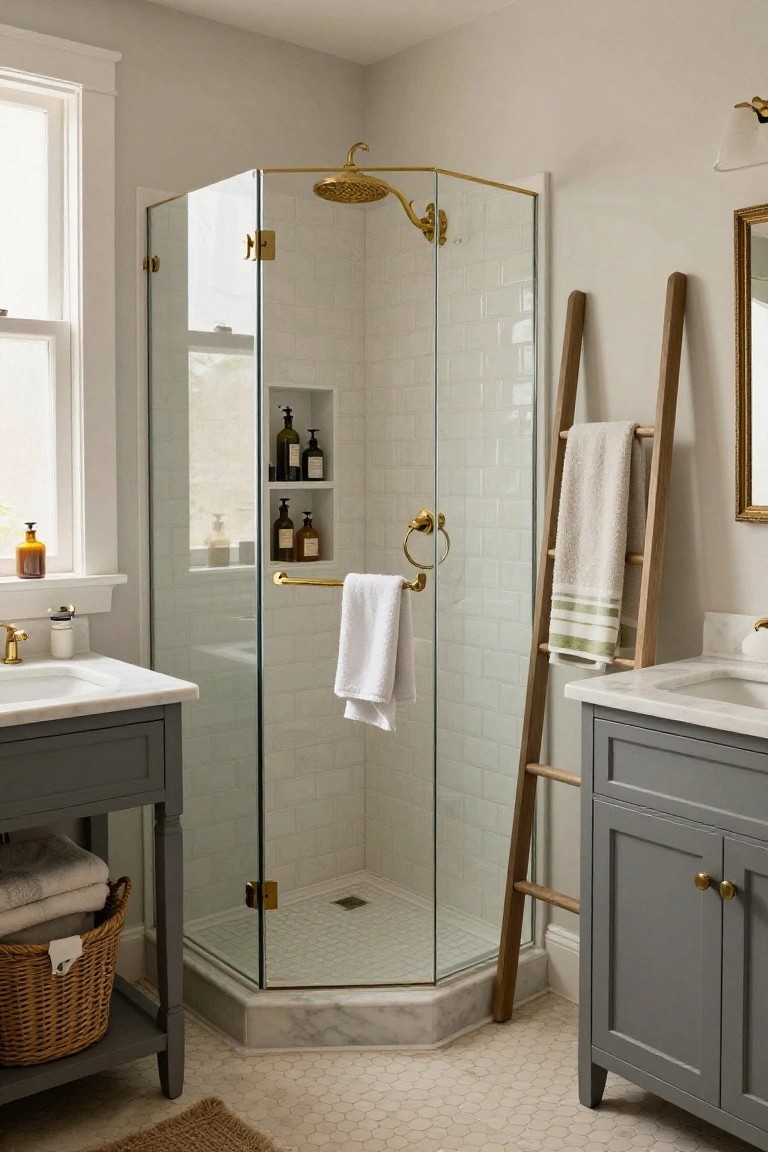 A bathroom with a glass-enclosed shower, brass fixtures, gray vanities, and a wooden ladder holding white towels.
