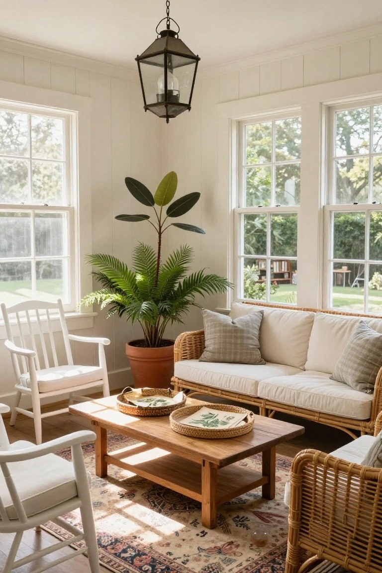 A sunroom interior with a wicker sofa, wooden coffee table, white rocking chairs, potted plants, and a patterned rug under a hanging lantern.