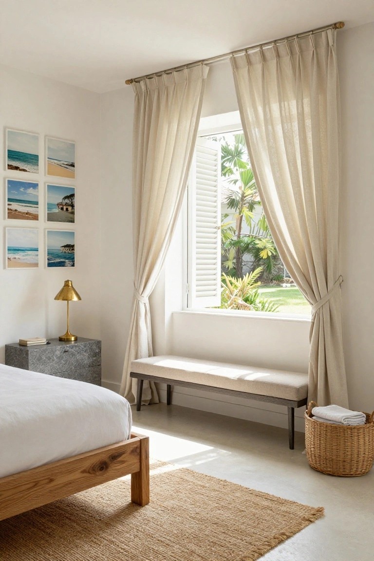 A bedroom with a wooden bed frame, a gray nightstand with a brass lamp, a long bench under a large window with beige linen curtains, and a woven rug on the floor.