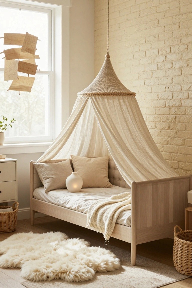 A light wood bed with a draped fabric canopy suspended from the ceiling in a bedroom with a white brick wall and large window.