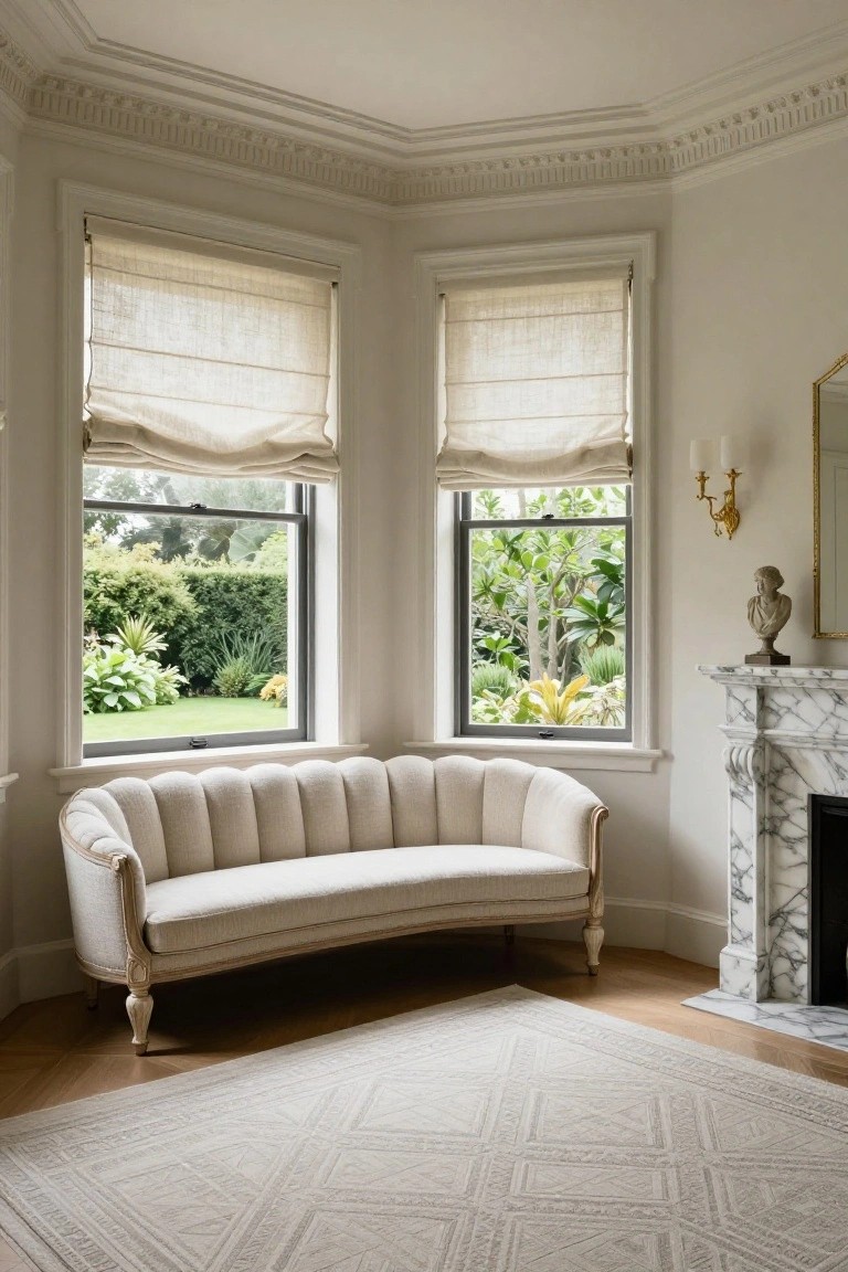 Cream sofa between garden windows beside marble fireplace in elegant room