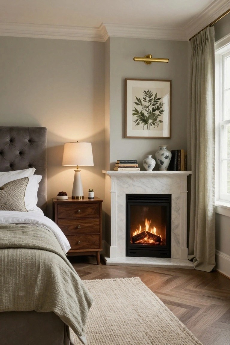 A bedroom corner showing a gray upholstered bed beside a wooden nightstand and a white marble fireplace with a fire lit inside.