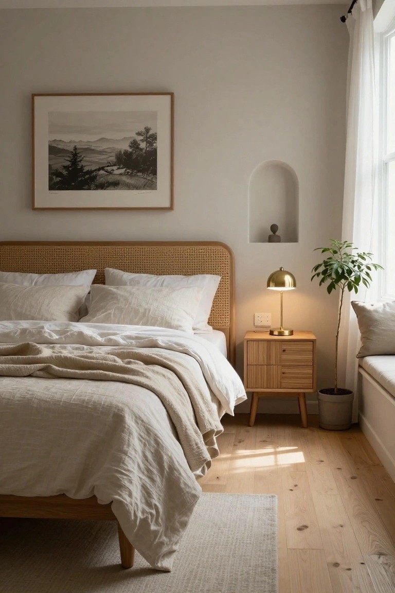 A bedroom with a rattan headboard on a wooden bed, white bedding, a wooden nightstand, and a brass lamp.