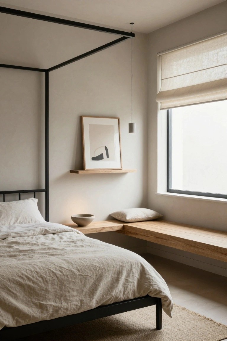 A bedroom with a black metal bed frame, white linens, a long wooden built-in bench under a window with a pillow, and a floating shelf holding abstract artwork.