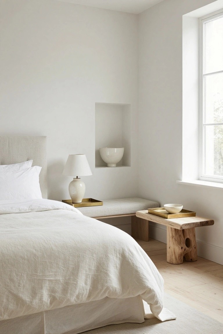 A bright bedroom with a white bed, a built-in bench beneath a wall niche holding a bowl, a wooden bench with trays, and a lamp on a tray.