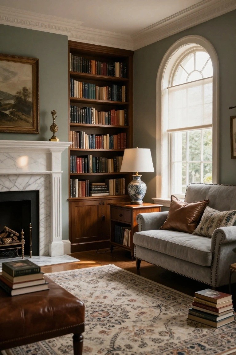 A living room featuring built-in wooden bookshelves filled with books surrounding a marble fireplace, a gray upholstered sofa, an arched window with natural light, and a patterned area rug.