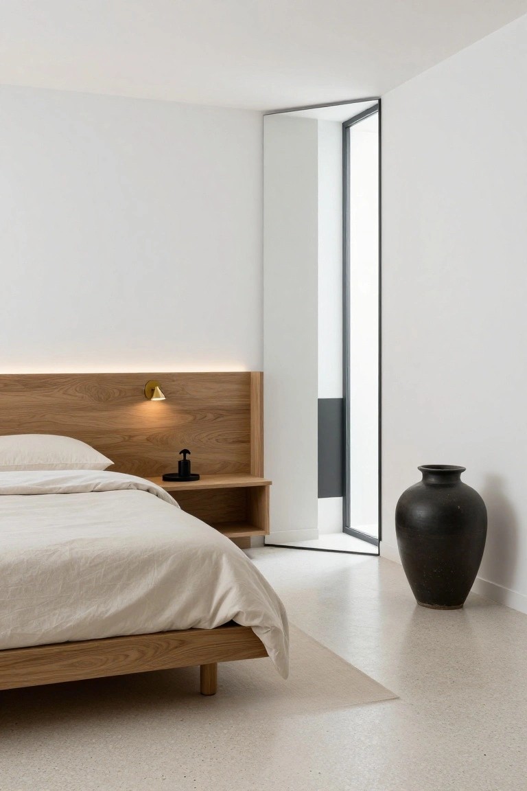 A bedroom with a light wood bed frame, integrated headboard and nightstand unit, white bedding, wall sconce, and a large dark vase beside an open doorway.
