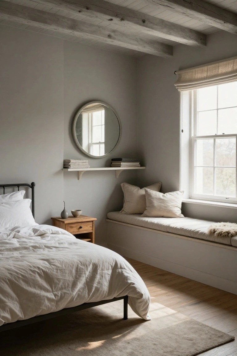 A bedroom with a bed covered in white linens on the left, a wooden nightstand, a round mirror above a floating shelf, and a built-in cushioned window seat with pillows under a large window on the right.