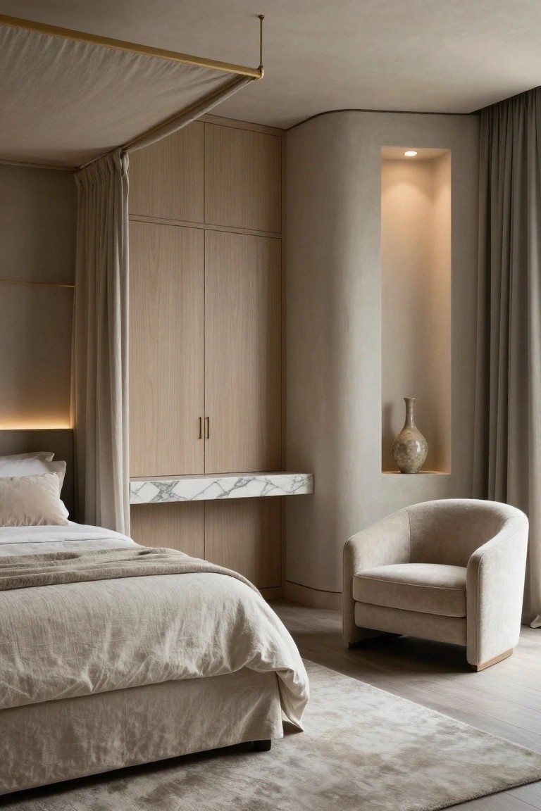 A serene bedroom featuring a canopy bed on the left, light wood built-in cabinets with a marble ledge, a recessed wall niche with a vase, and an upholstered armchair on the right.