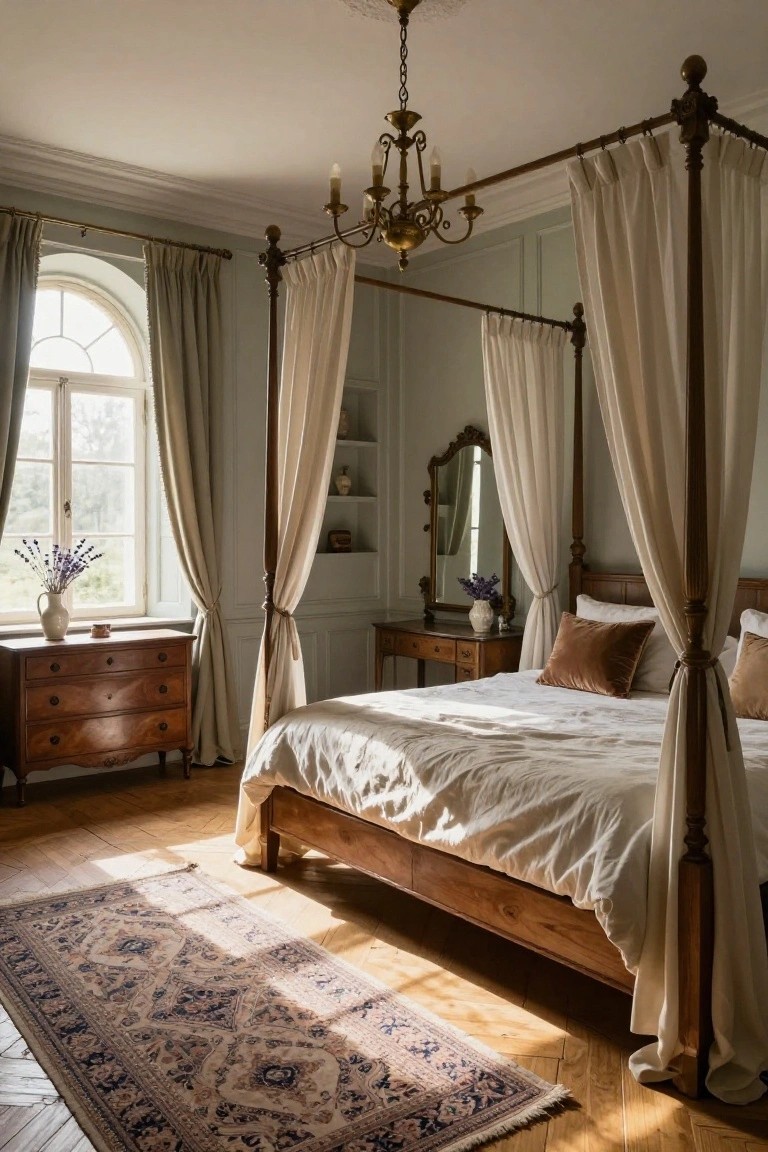 Elegant four-poster bed in sunlit bedroom with chandelier, rug, and wooden furniture