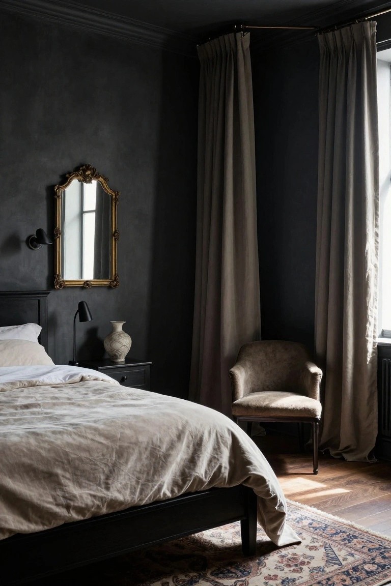 Dark bedroom with black bed, beige bedding, ornate gold mirror, and velvet chair.