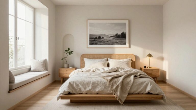 25 Serene Timeless Bedroom Ideas for a Restful and Elegant Retreat A bedroom with a rattan headboard on a wooden bed, white bedding, a wooden nightstand, and a brass lamp.