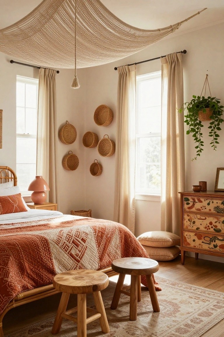 A bedroom with a bed covered in an orange and white patterned quilt, positioned under a large hanging beige macrame canopy, with woven baskets on the wall and wooden stools on the floor.