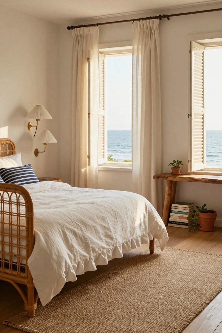 A bright bedroom with a rattan bed in white linens, sheer off-white curtains on a dark rod, and open windows showing the ocean.