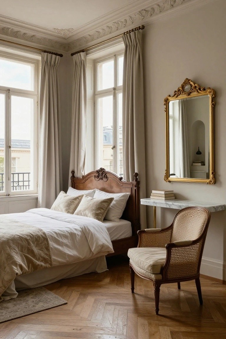 A bedroom featuring a carved wooden bed with white and beige linens, tall windows dressed in floor-length neutral curtains, a marble side table, and an ornate gold mirror on the wall.